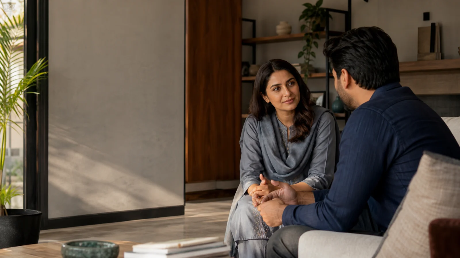 Two South Asian adults have an attentive conversation in a bright contemporary room.