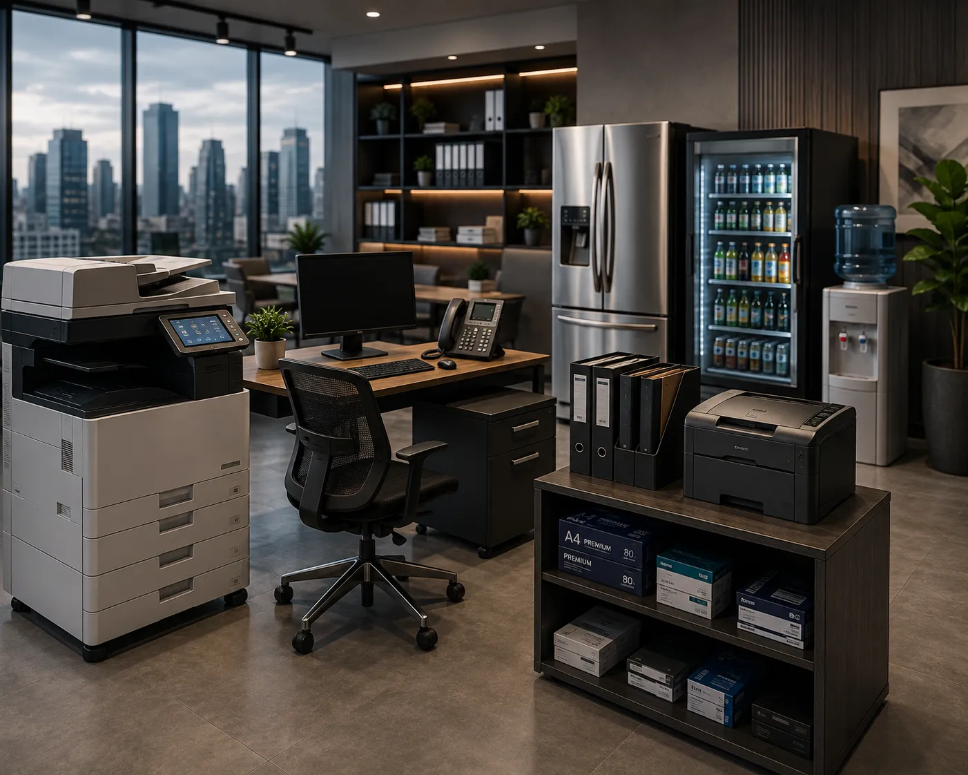 Modern commercial office equipped with printers, refrigerators, workstations, and supplies