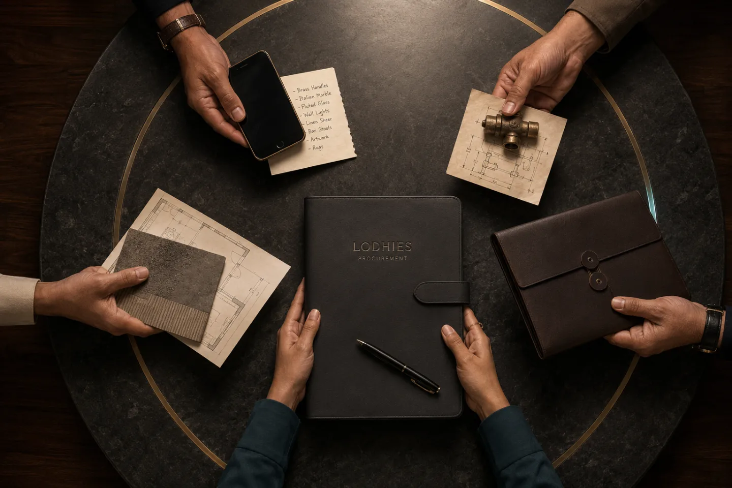 Several hands gather around a table with plans, material samples, a phone and a Lodhies folio.