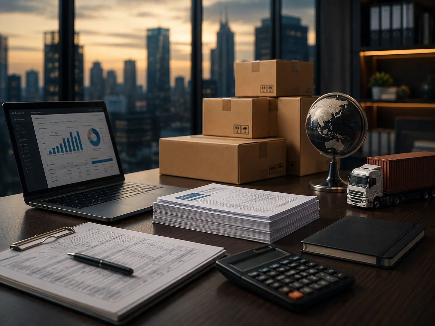 Corporate procurement workspace with shipping boxes, laptop, documents, and globe