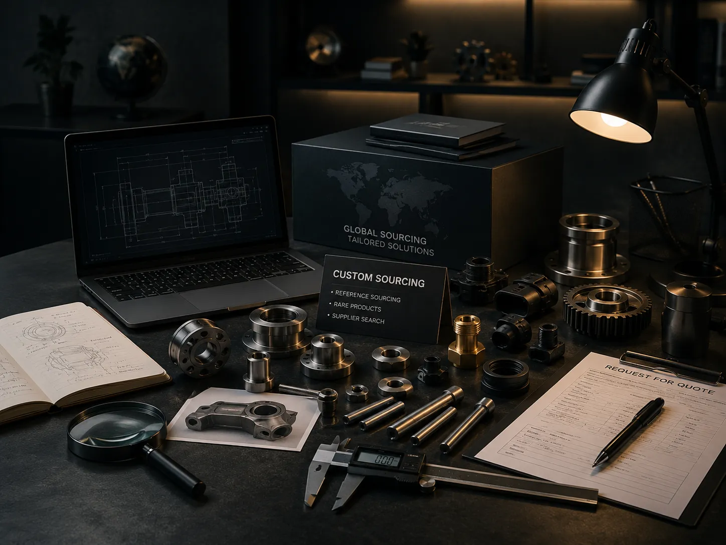 Industrial sourcing workspace with technical drawings, machinery parts, and tools