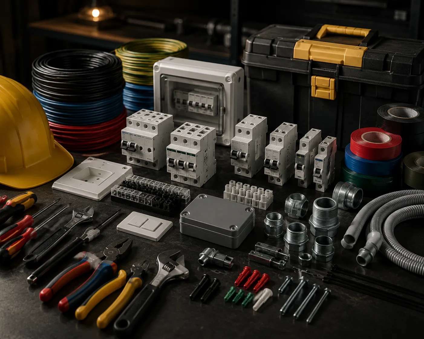 Electrical hardware supplies, cables, tools, breakers, and fittings on a workbench