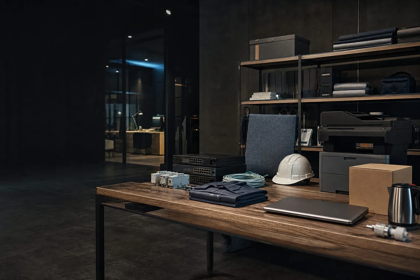 Business technology, safety equipment and corporate supplies organized in a dark procurement studio.