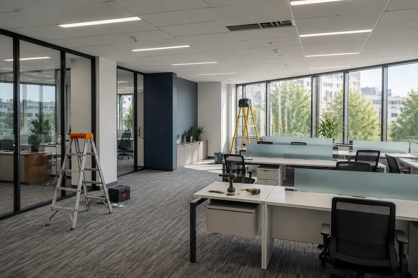Office workspace during improvement and maintenance work