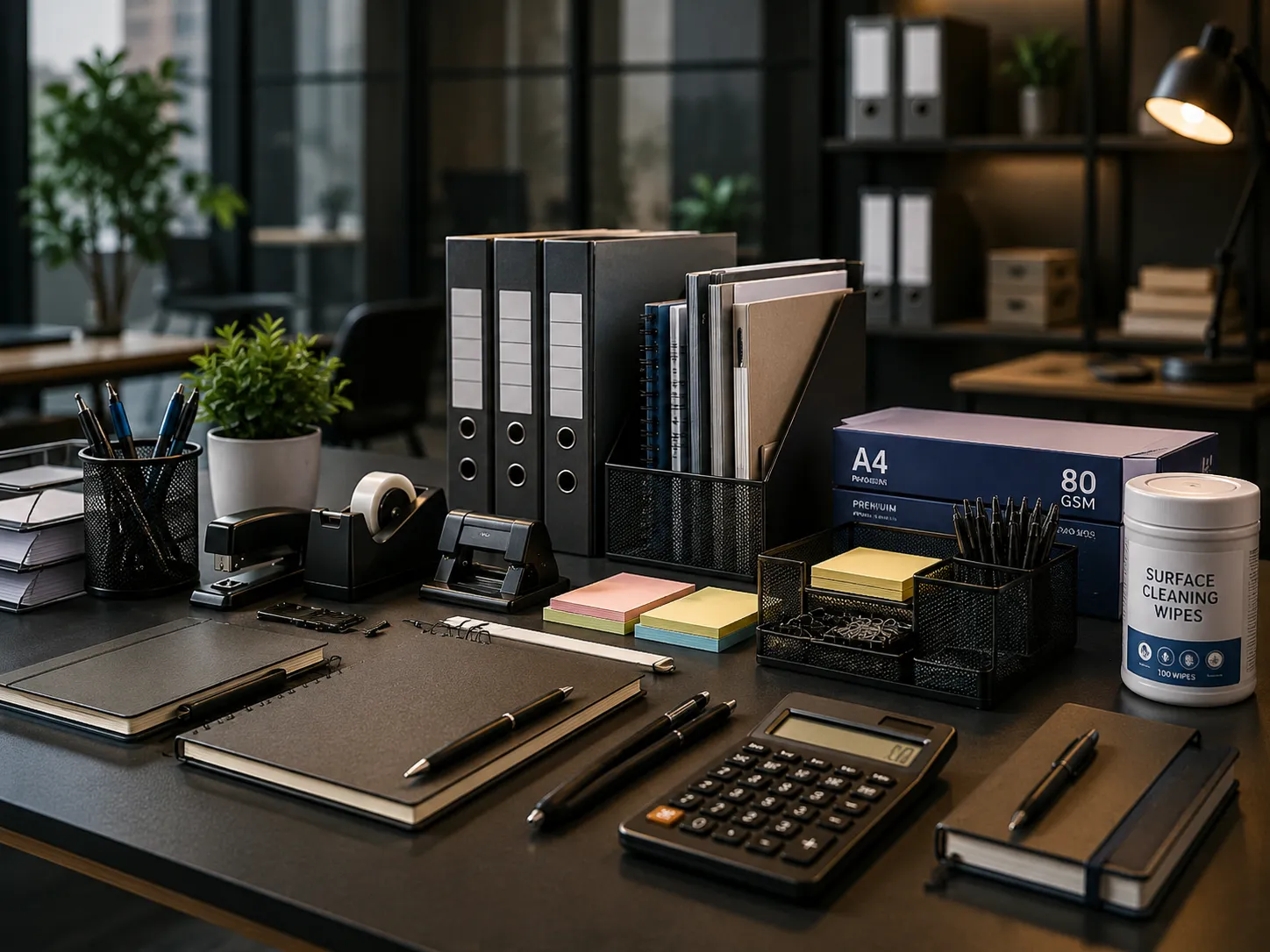 Corporate procurement workspace with shipping boxes, laptop, documents, and globe