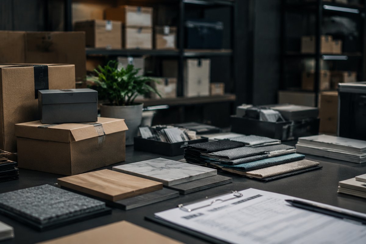 Shipping cartons, material samples and procurement documents arranged in a dark sourcing workspace.